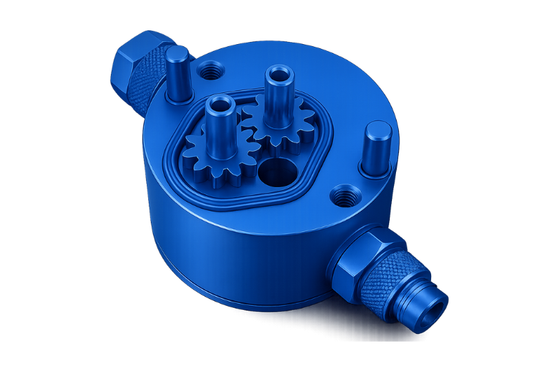 Image of a gear for adhesive machinery in mono chrome blue for SPI Developments about us page