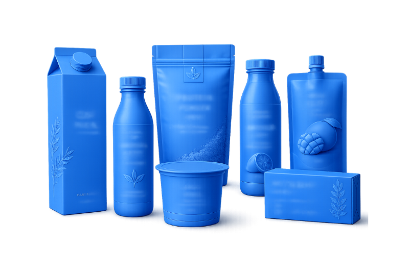 Industrial machinery for FMCG industry container bottles blue mono chrome image left aligned