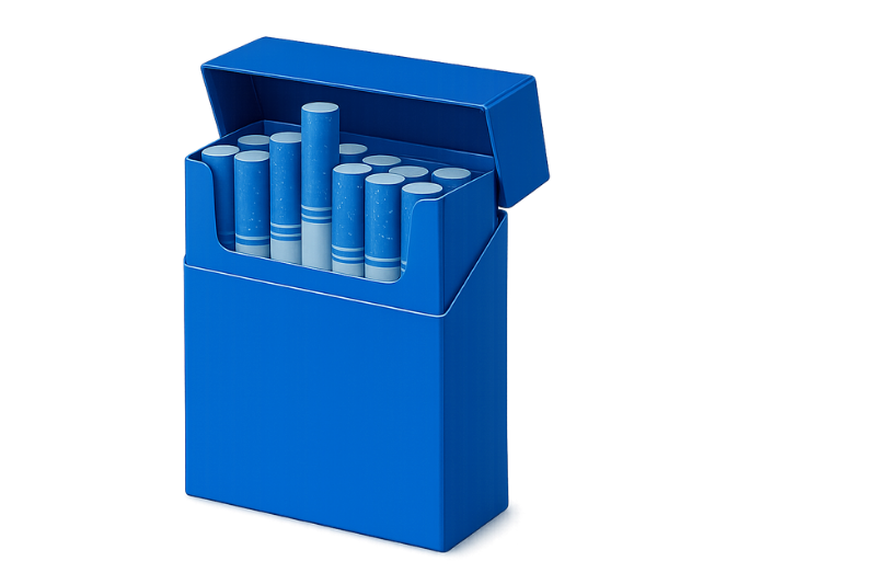 Industrial machinery for Tobacco industry packet of cigarettes blue mono chrome image left aligned